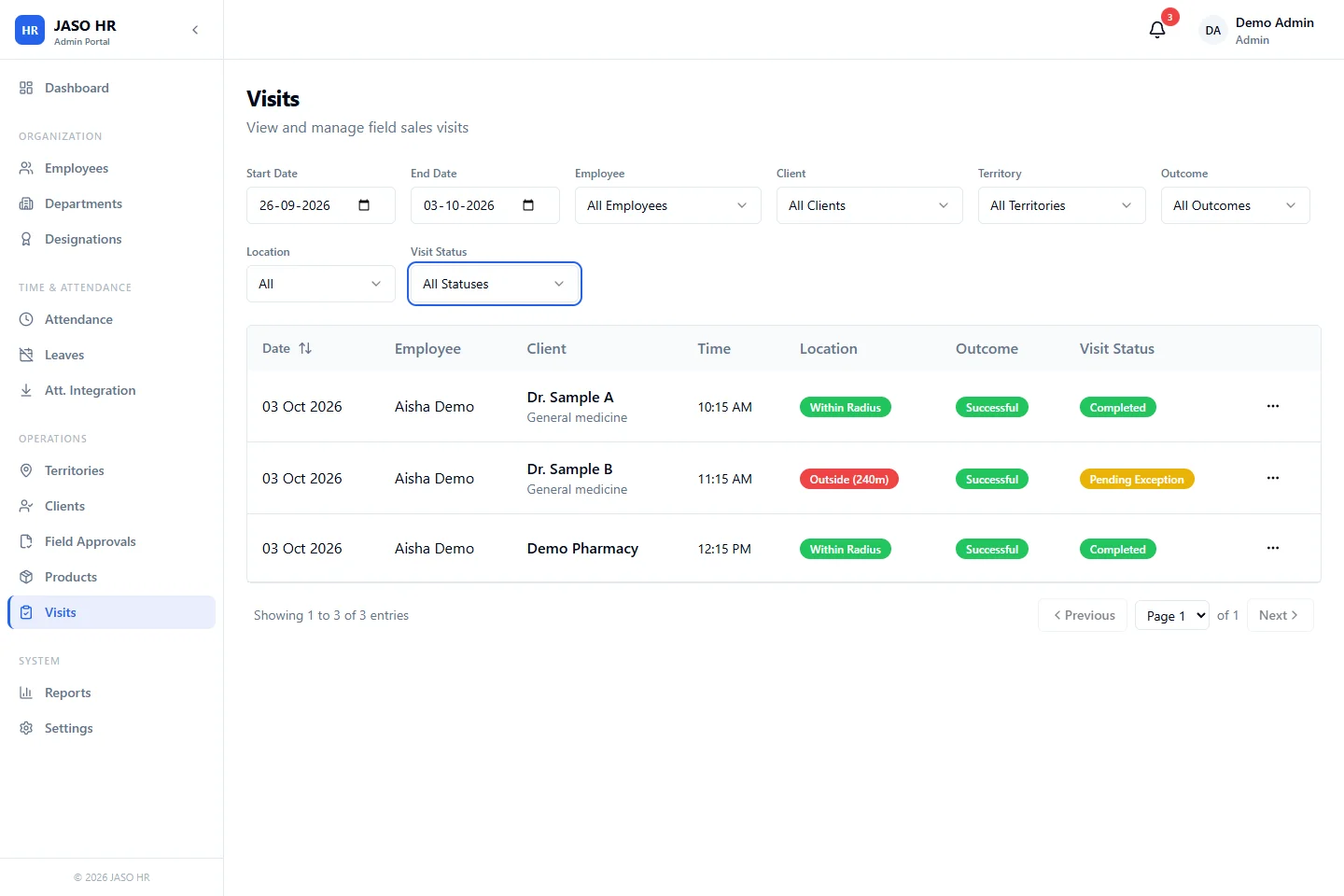 Actual JASO HR visit-record screen using fictional rep and doctor details